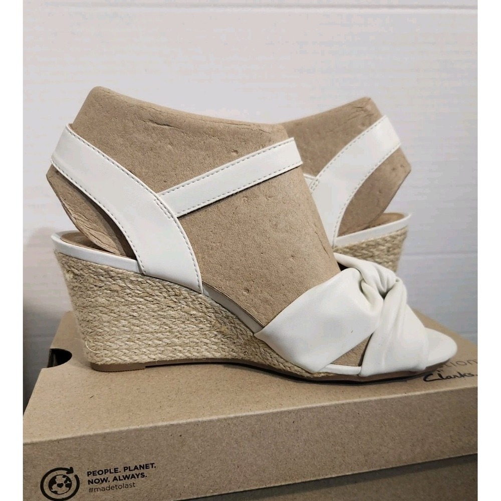 Clarks Women's Margee Beth White Wedge Sandal Size 7 W Espadrille‎ Leather NEW - Picture 2 of 10